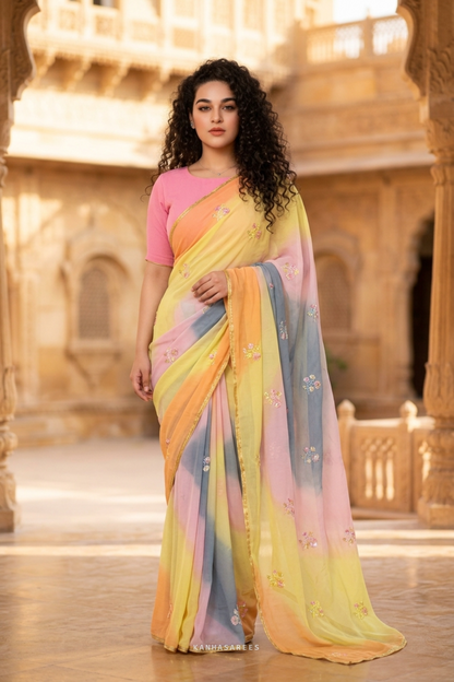 Pure Diamond Chiffon Handwork Saree with Pink & Yellow Border