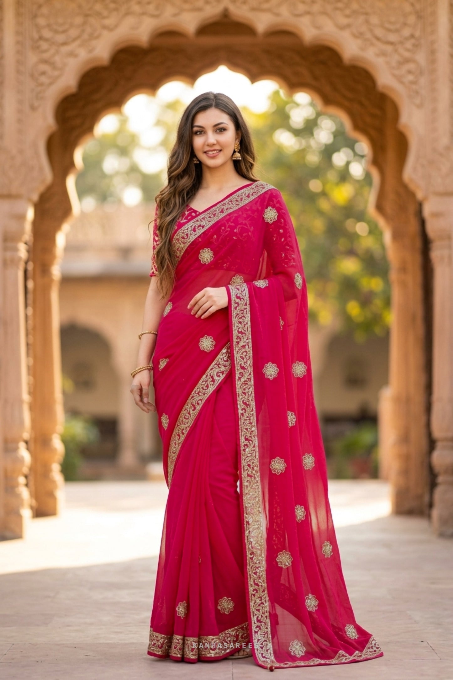 Pure Diamond Chiffon Gota Work Saree with Unstitched Blouse –  Cherry red rani colour