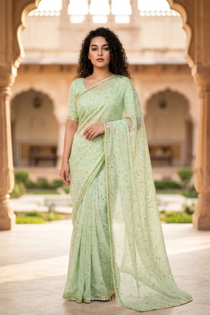 Lemon Green Handwork Chiffon Saree with Unstitched Blouse Piece