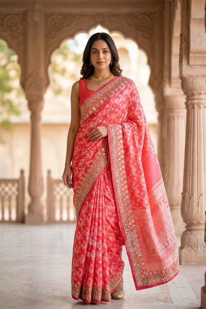 Red Patola Print Art Silk Saree with Gota Work