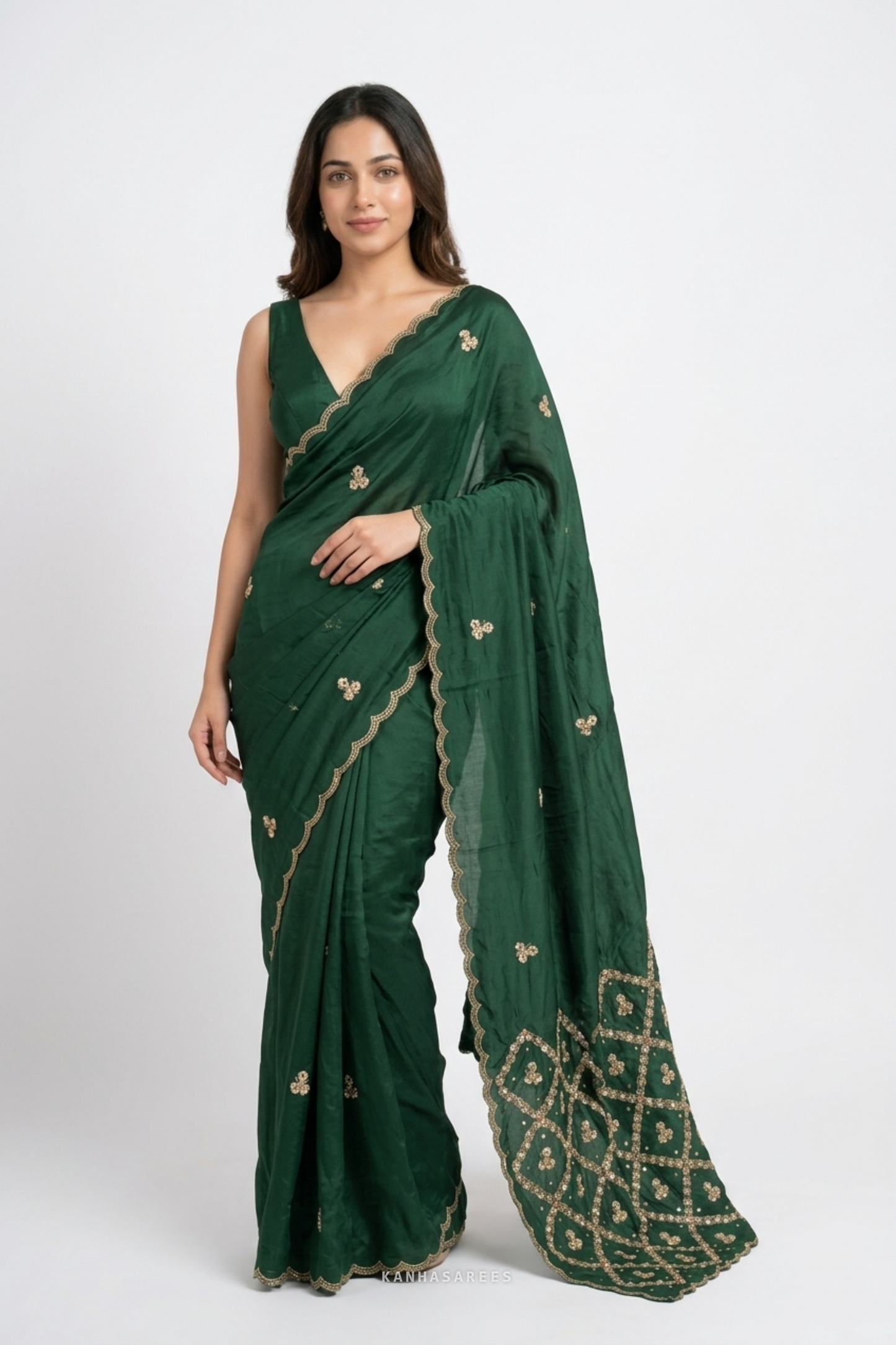 Emerald Green Pure Silk Gota Kardana Fancy Handwork Saree