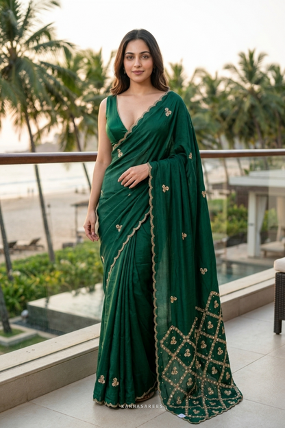 Emerald Green Pure Silk Gota Kardana Fancy Handwork Saree