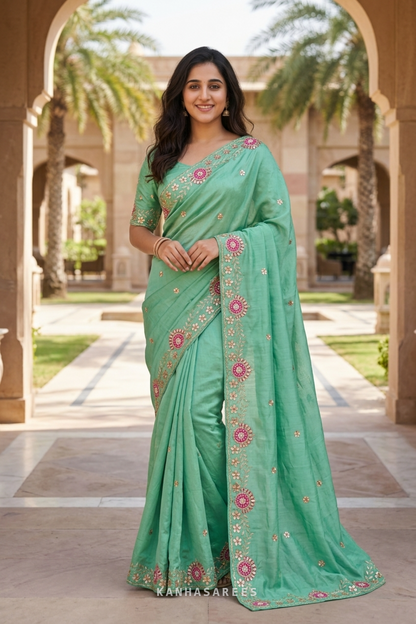 Pure Silk Handwork Light Green Saree with Unstitched Blouse Piece