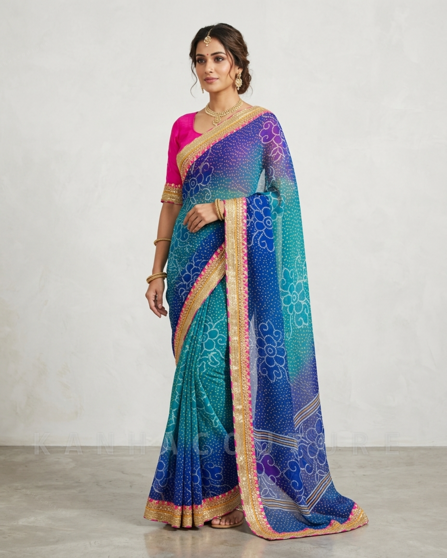 Georgette Bandhani Saree with Unstitched Blouse – Pink & Blue