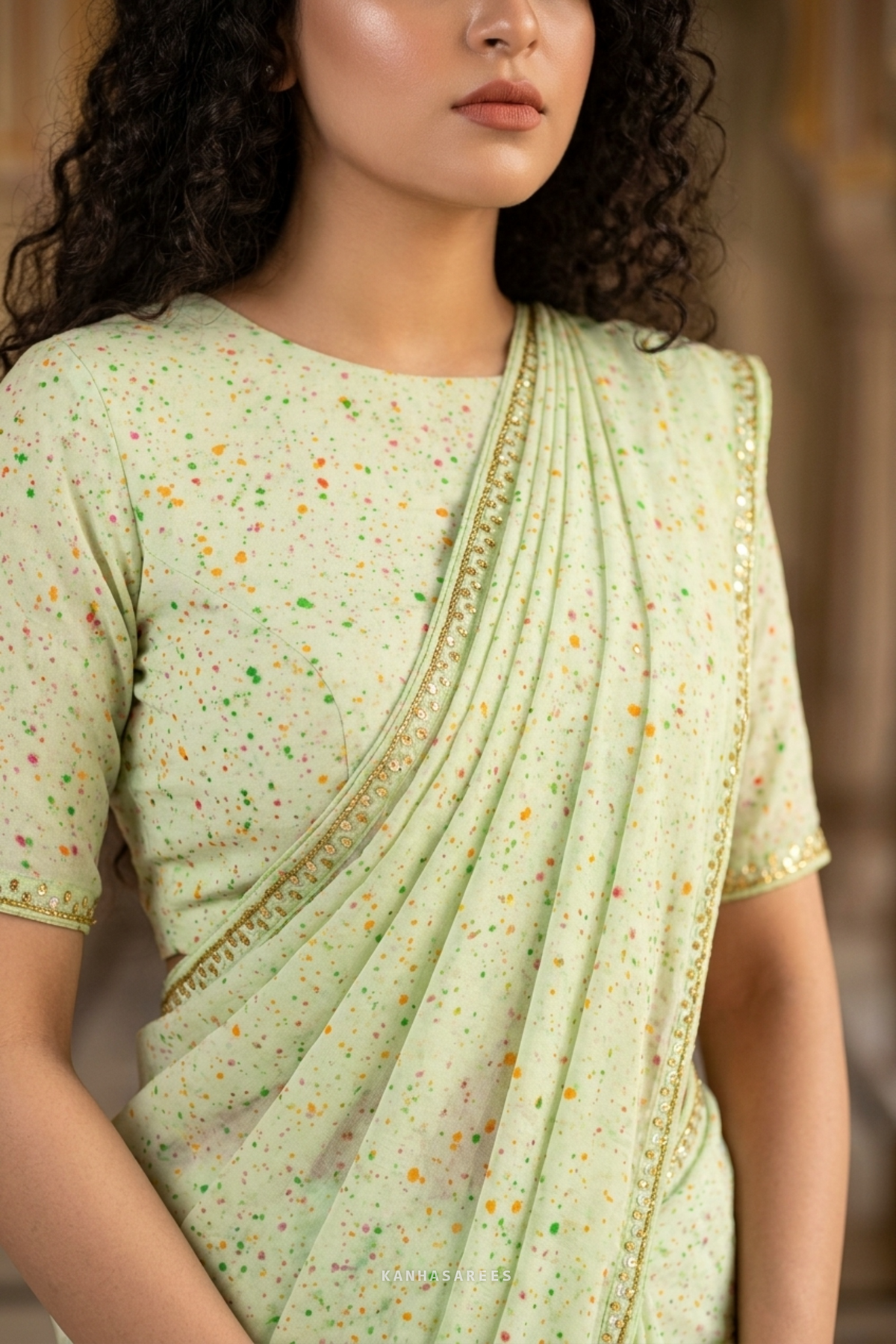 Lemon Green Handwork Chiffon Saree with Unstitched Blouse Piece