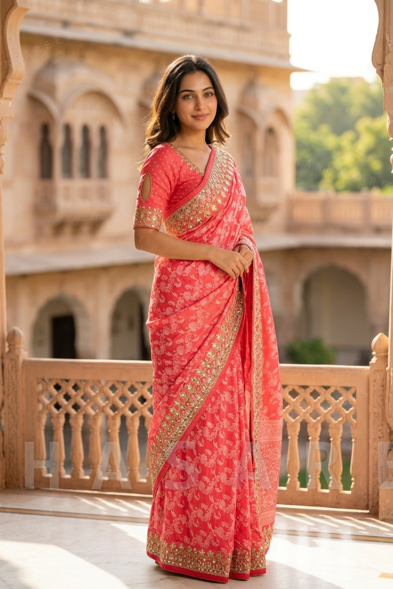 Red Patola Print Art Silk Saree with Gota Work