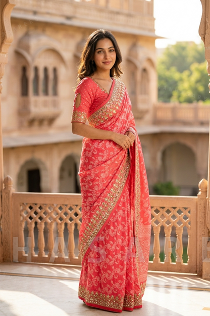 Red Patola Print Art Silk Saree with Gota Work