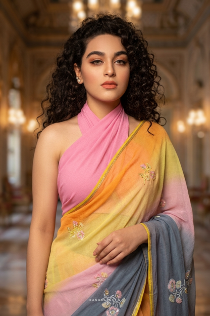 Pure Diamond Chiffon Handwork Saree with Pink & Yellow Border