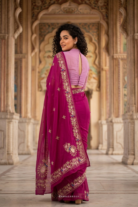 Deep pink Nazneen chiffon saree with intricate handwork embroidery, draped elegantly.