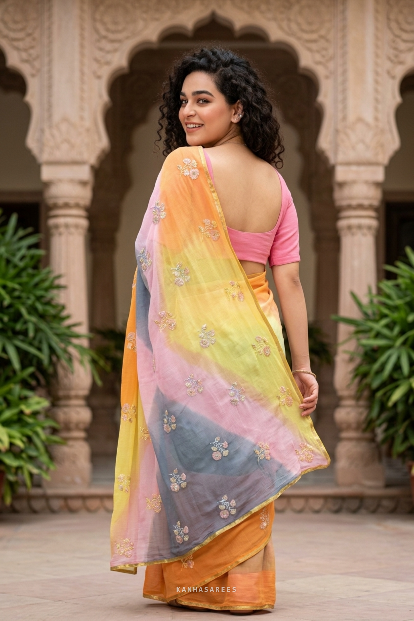Pure Diamond Chiffon Handwork Saree with Pink & Yellow Border