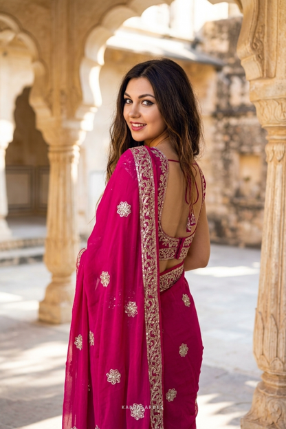 Pure Diamond Chiffon Gota Work Saree with Unstitched Blouse –  Cherry red rani colour