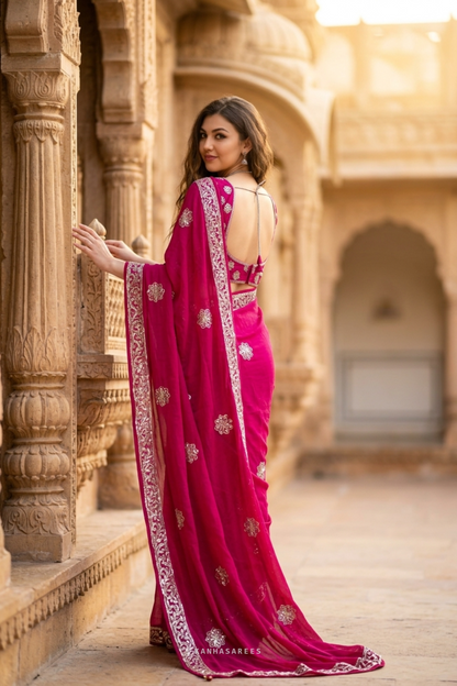 Pure Diamond Chiffon Gota Work Saree with Unstitched Blouse –  Cherry red rani colour