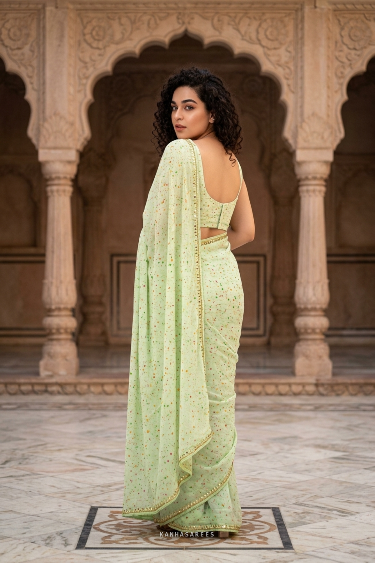Lemon Green Handwork Chiffon Saree with Unstitched Blouse Piece