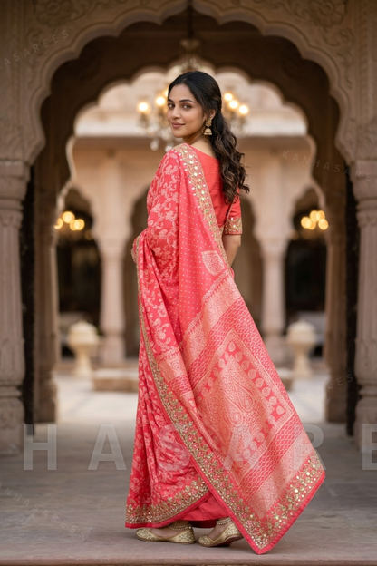 Red Patola Print Art Silk Saree with Gota Work