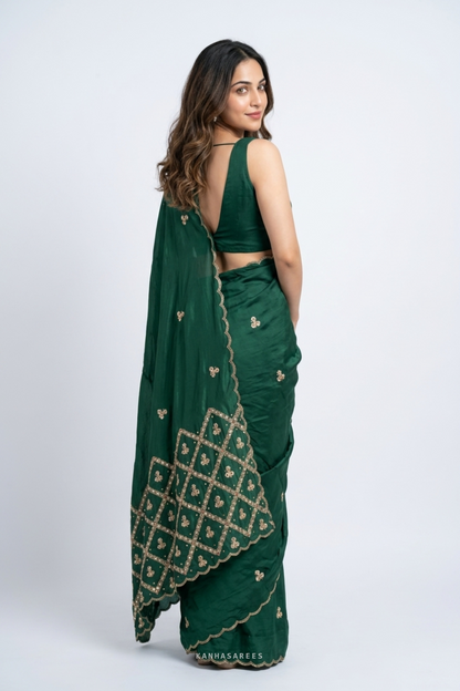 Emerald Green Pure Silk Gota Kardana Fancy Handwork Saree