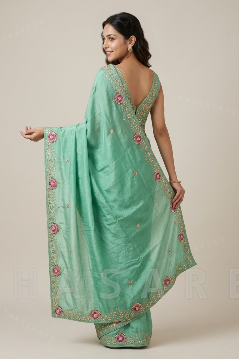 Pure Silk Handwork Light Green Saree with Unstitched Blouse Piece