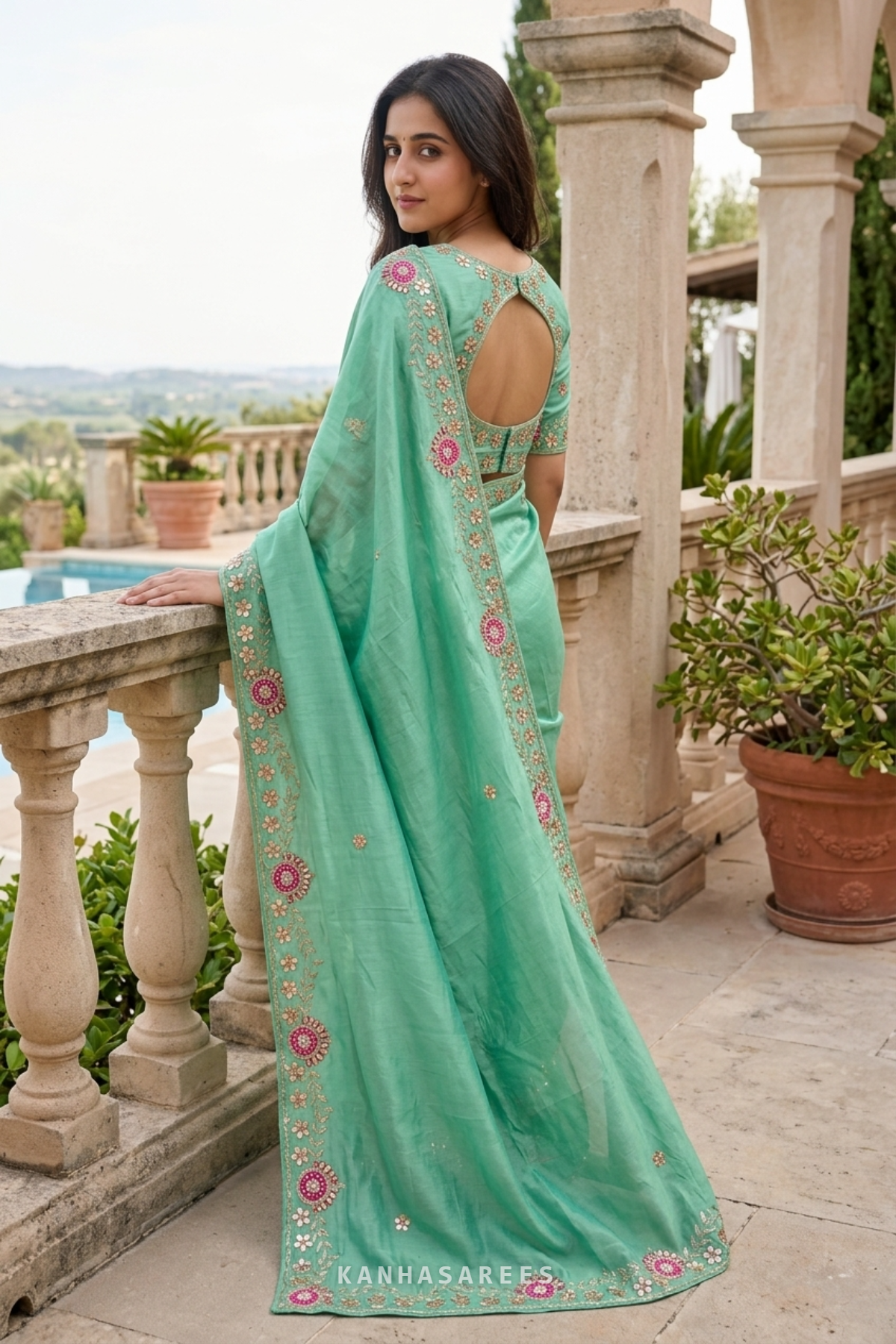 Pure Silk Handwork Light Green Saree with Unstitched Blouse Piece