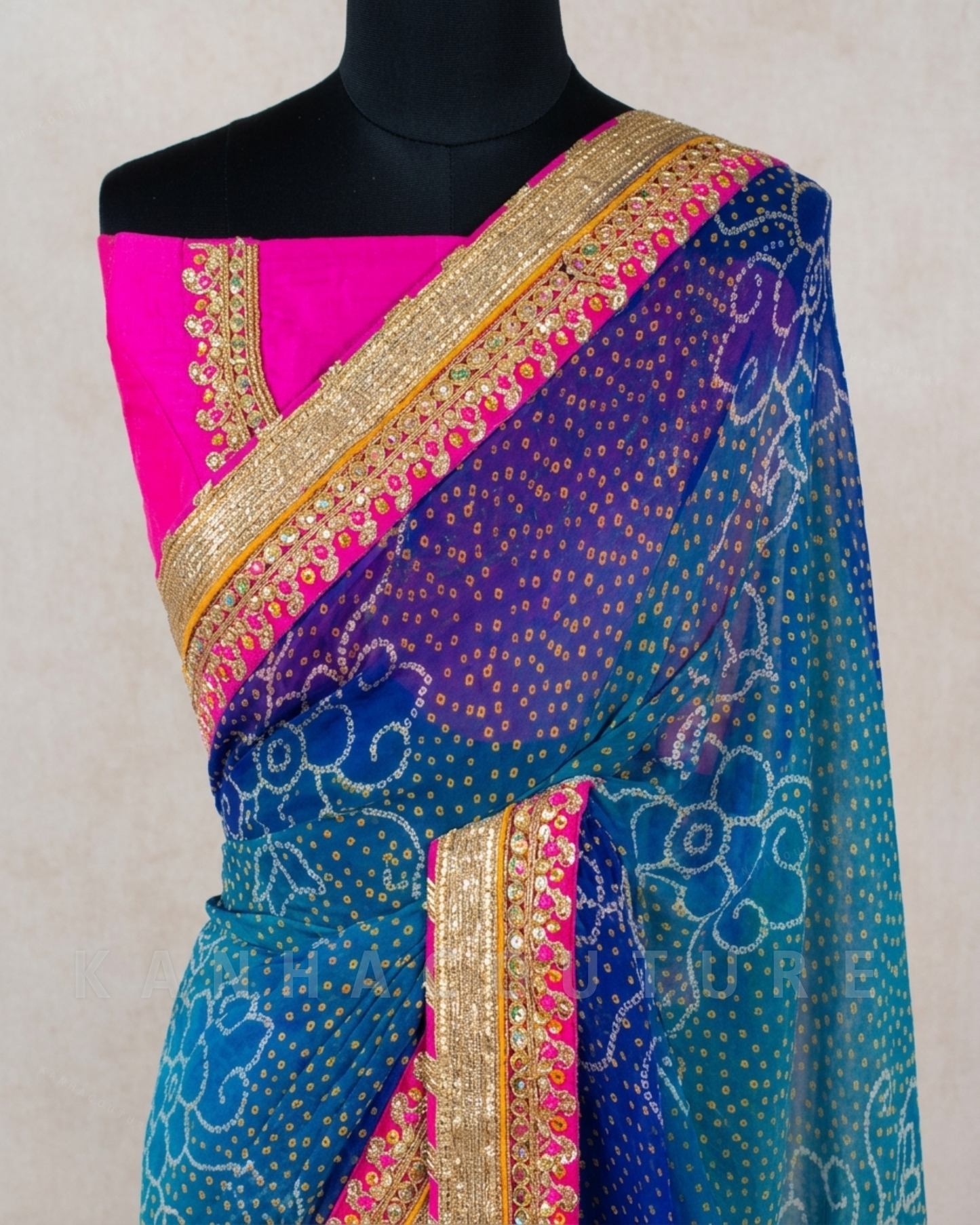Georgette Bandhani Saree with Unstitched Blouse – Pink & Blue