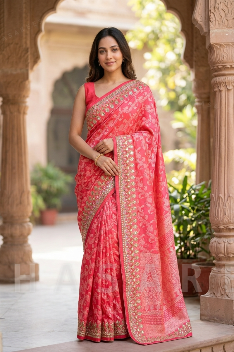 Red Patola Print Art Silk Saree with Gota Work