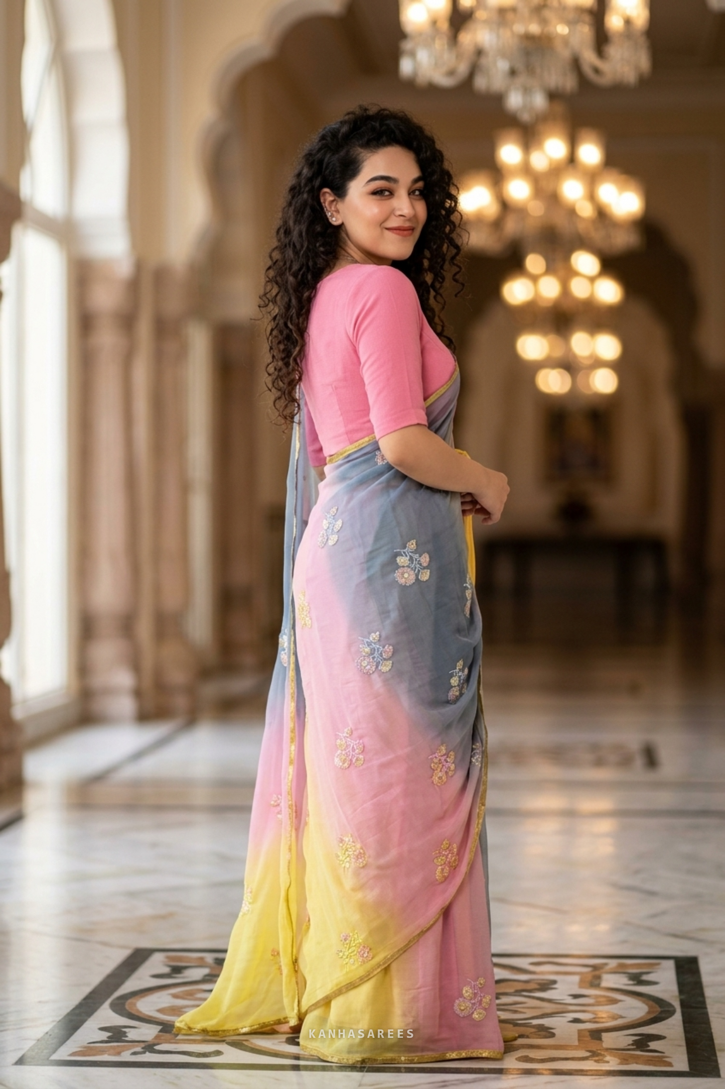 Pure Diamond Chiffon Handwork Saree with Pink & Yellow Border
