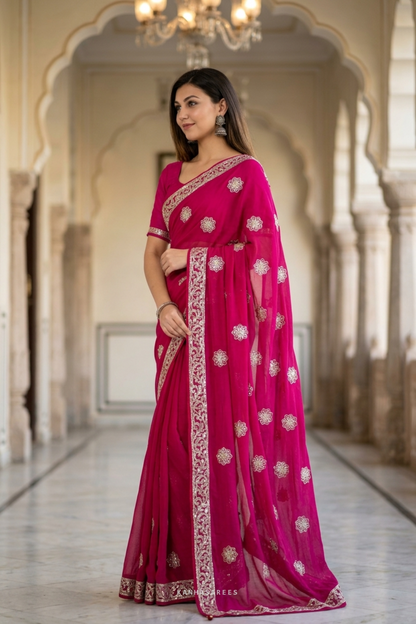 Pure Diamond Chiffon Gota Work Saree with Unstitched Blouse –  Cherry red rani colour