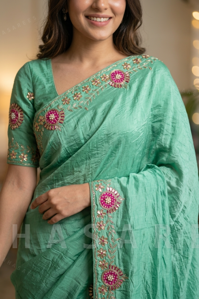Pure Silk Handwork Light Green Saree with Unstitched Blouse Piece