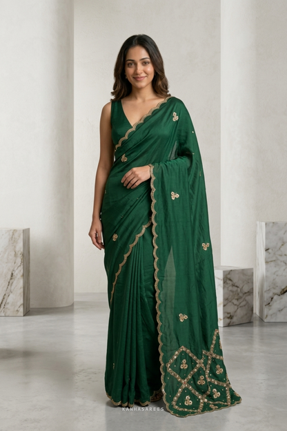 Emerald Green Pure Silk Gota Kardana Fancy Handwork Saree