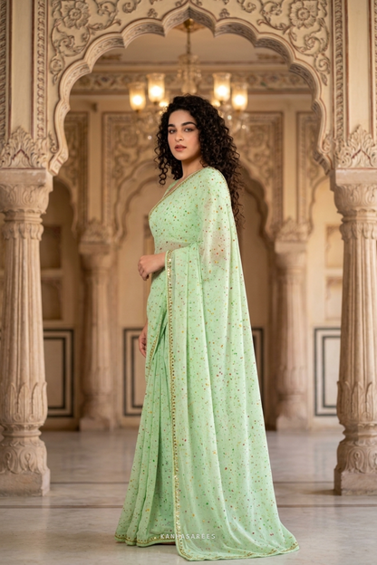 Lemon Green Handwork Chiffon Saree with Unstitched Blouse Piece