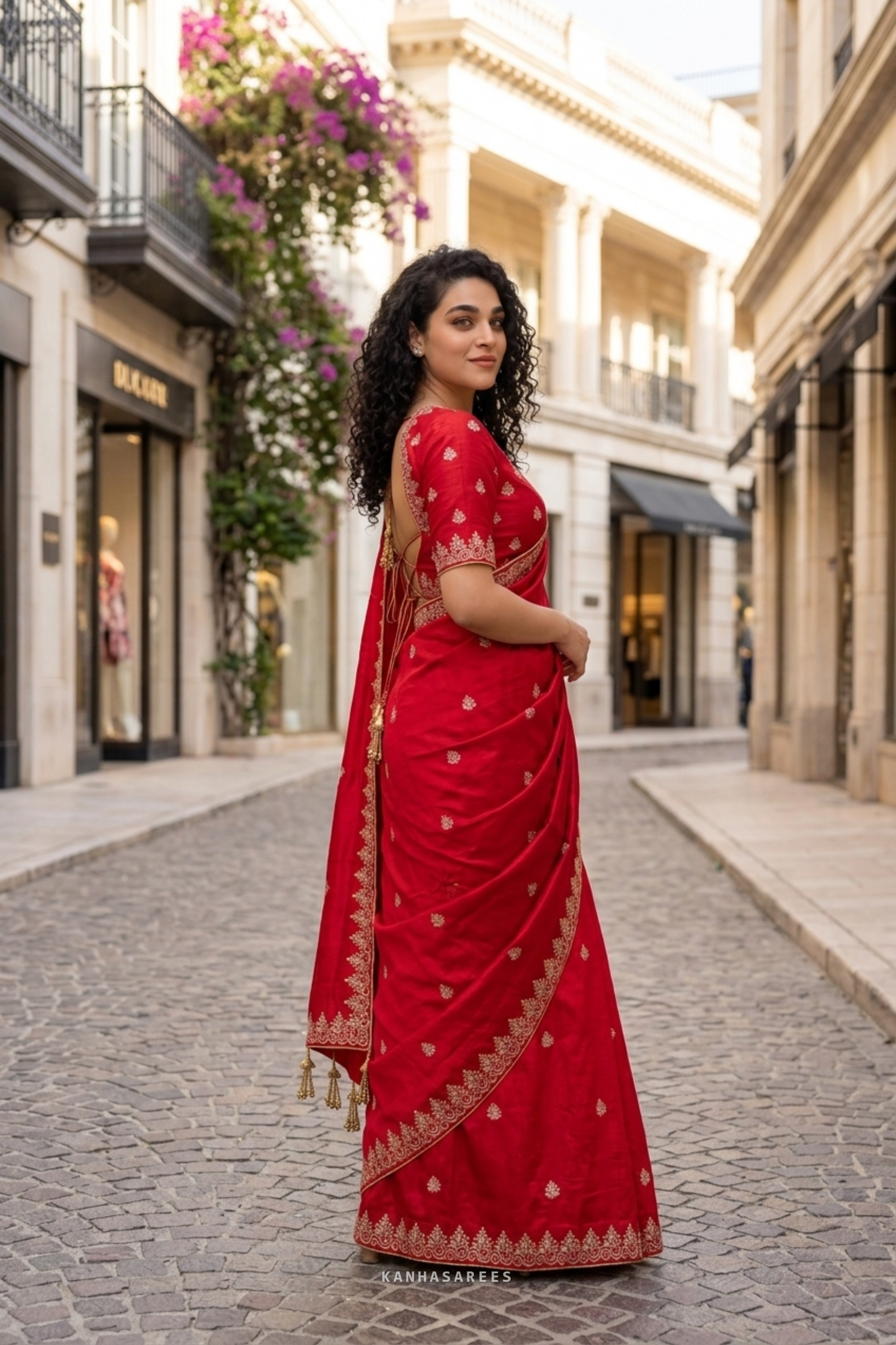 Full view of the flowing red art silk saree.