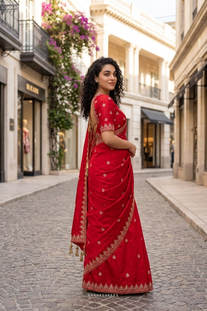 Full view of the flowing red art silk saree.