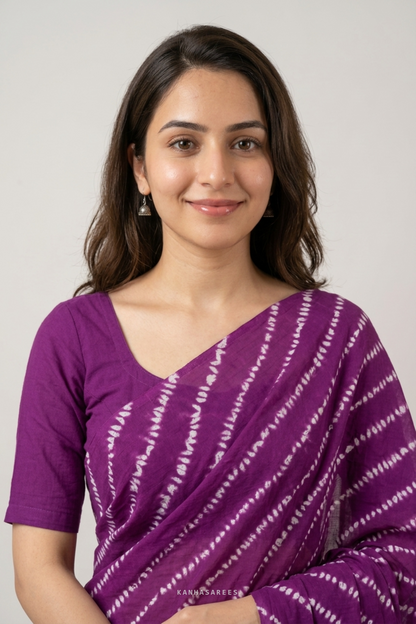 Purple Shibori Cotton Saree with Unstitched Blouse Piece
