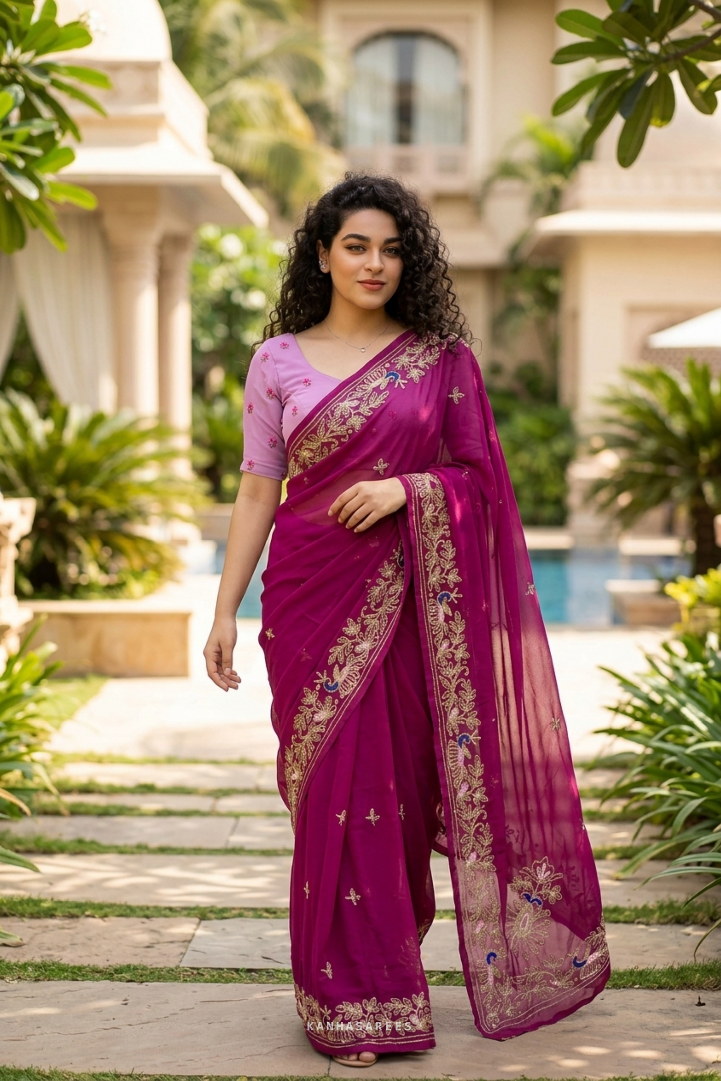 Close-up of the light pink chiffon blouse piece for the saree.