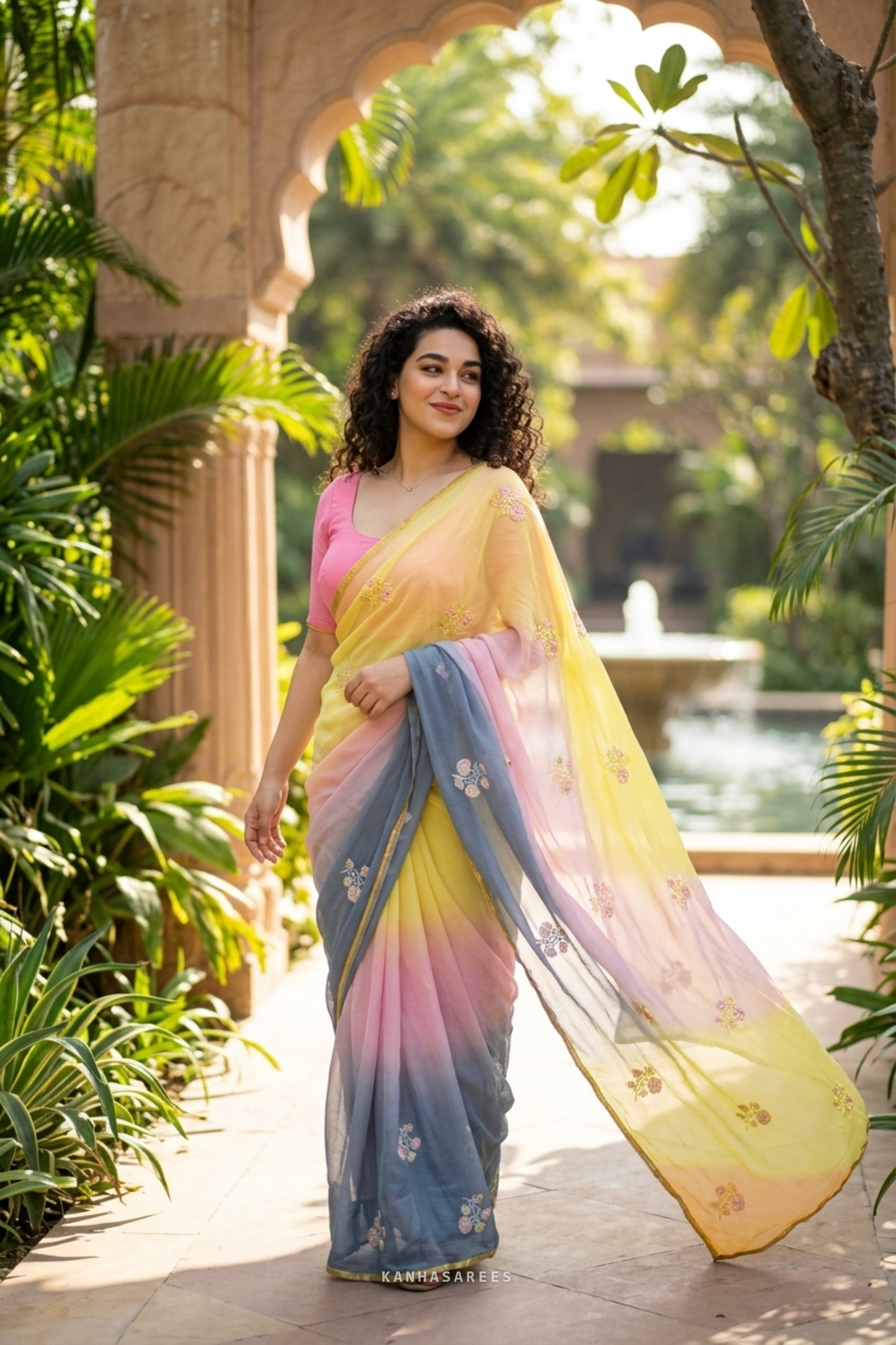 Pure Diamond Chiffon Handwork Saree with Pink & Yellow Border