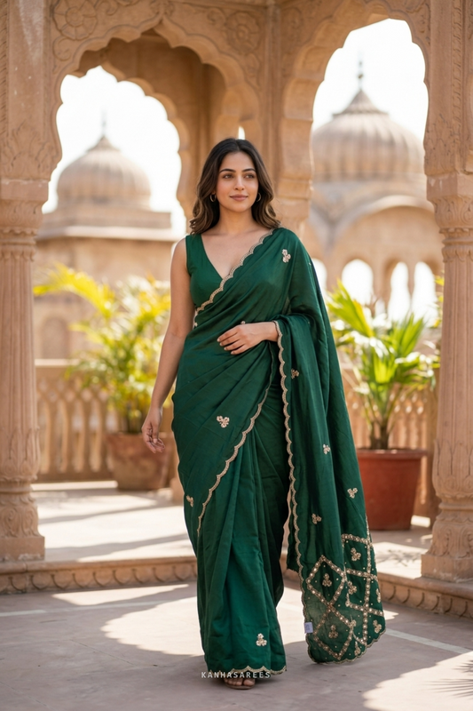 Emerald Green Pure Silk Gota Kardana Fancy Handwork Saree