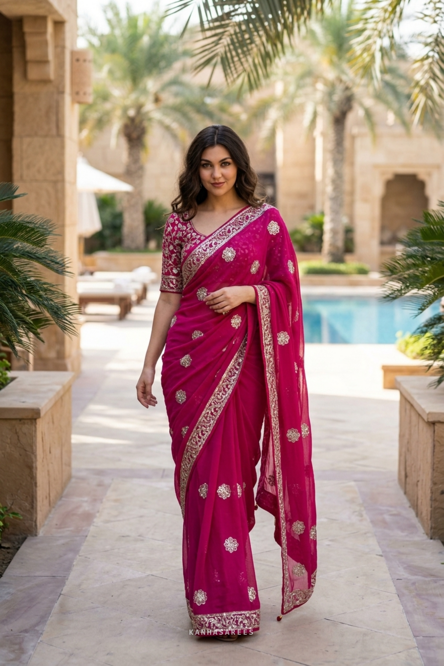 Pure Diamond Chiffon Gota Work Saree with Unstitched Blouse –  Cherry red rani colour