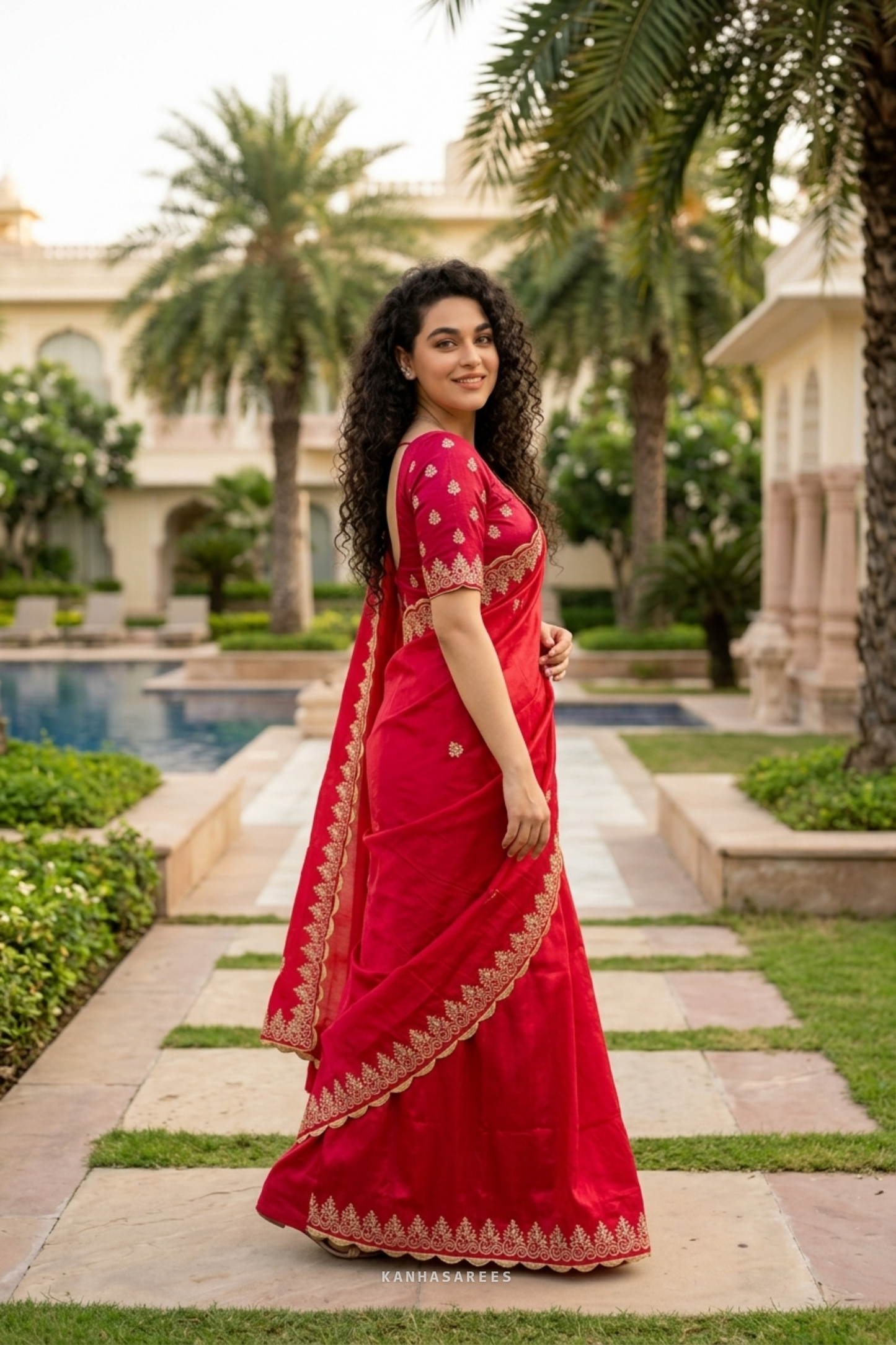 Elegant red art silk saree with a traditional Jaipuri design.