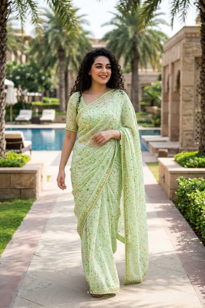 Lemon Green Handwork Chiffon Saree with Unstitched Blouse Piece