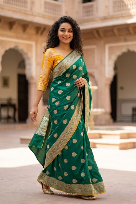 Green Art Silk Zari Saree with Unstitched Zari Work Blouse