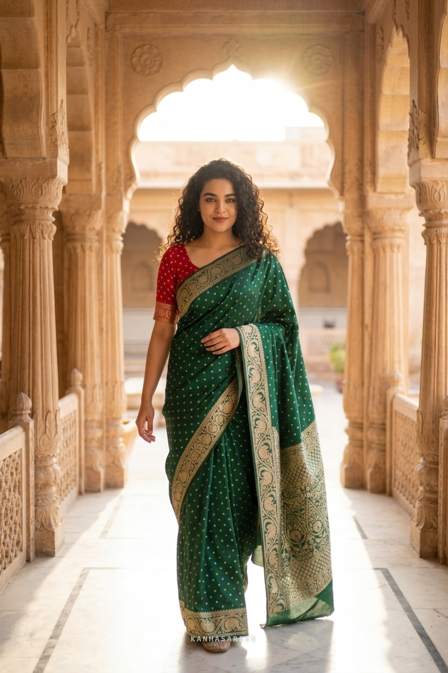 Detailed view of the saree's green Dola silk and golden zari pallu.