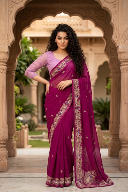 Detailed close-up of the intricate handwork embroidery pattern on the deep pink chiffon saree.