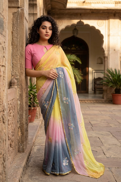Pure Diamond Chiffon Handwork Saree with Pink & Yellow Border