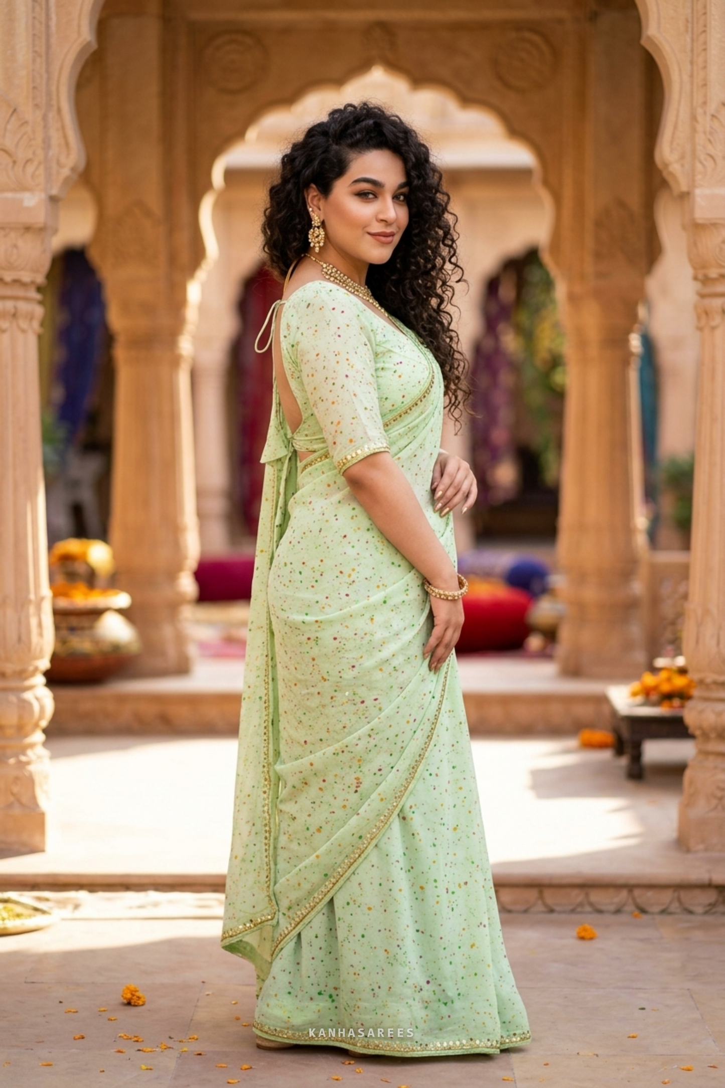 Lemon Green Handwork Chiffon Saree with Unstitched Blouse Piece
