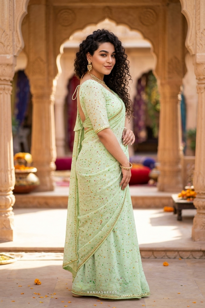 Lemon Green Handwork Chiffon Saree with Unstitched Blouse Piece