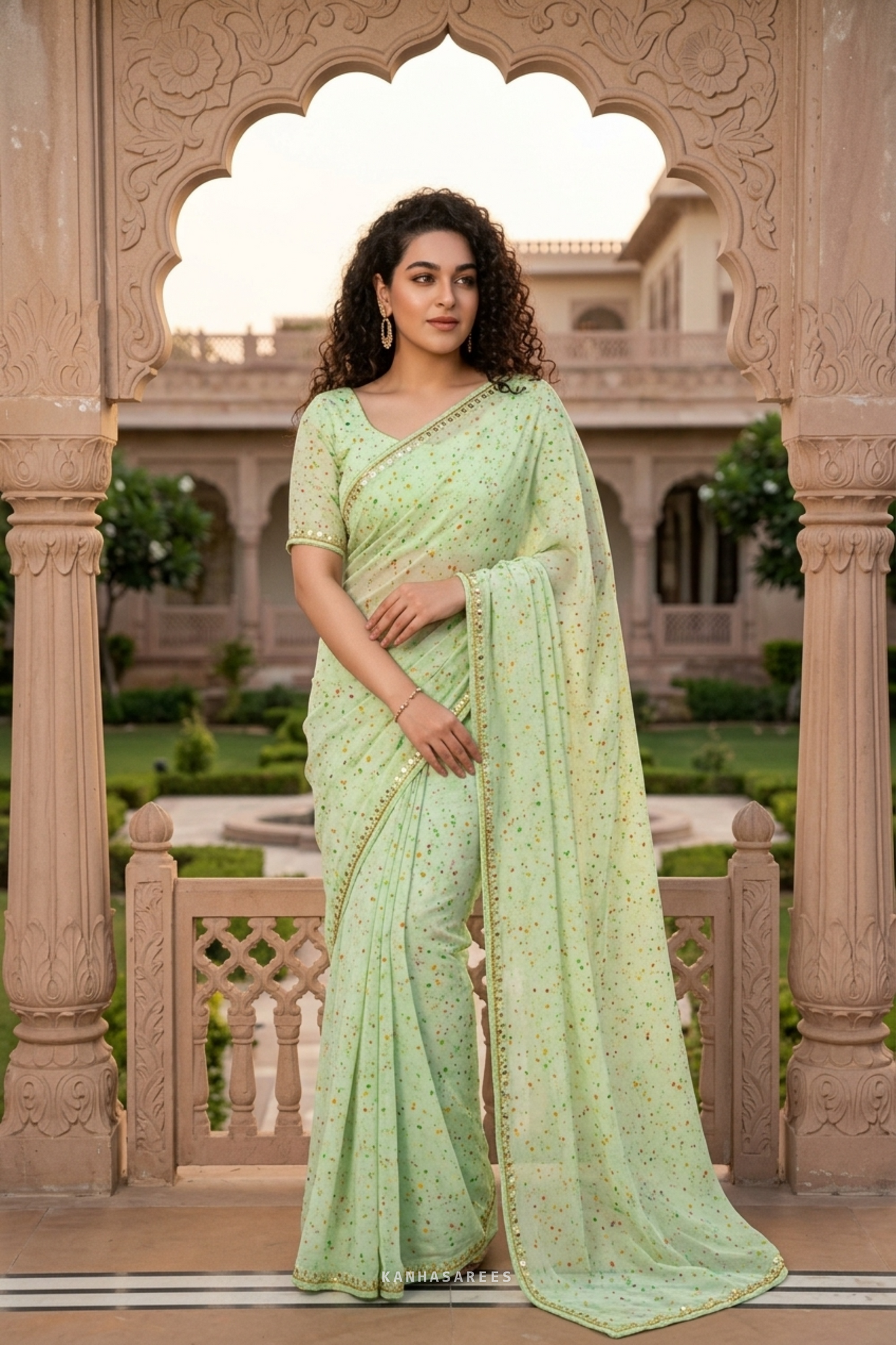 Lemon Green Handwork Chiffon Saree with Unstitched Blouse Piece