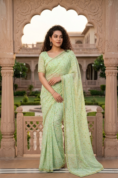 Lemon Green Handwork Chiffon Saree with Unstitched Blouse Piece
