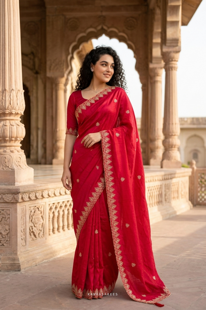 Traditional red art silk saree with intricate Jaipuri weave.