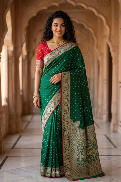 Close-up of green Dola silk fabric with intricate golden zari weaving.