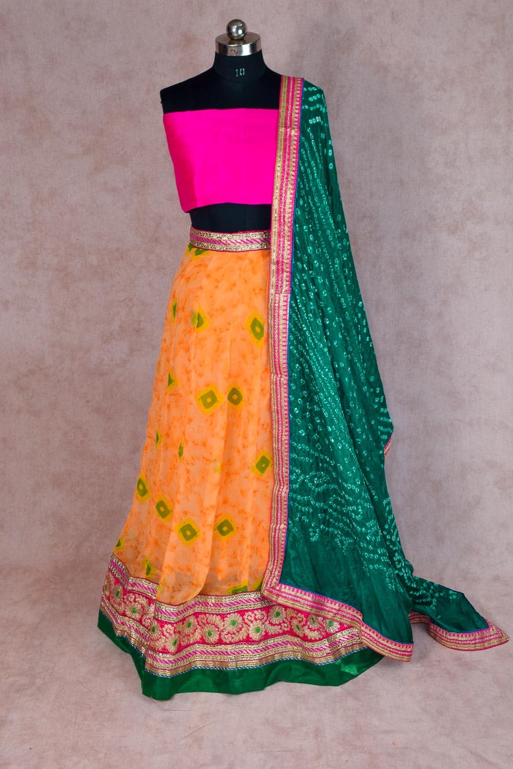 Orange Georgette Shibori Lehenga with Gota Work - KANHASAREE