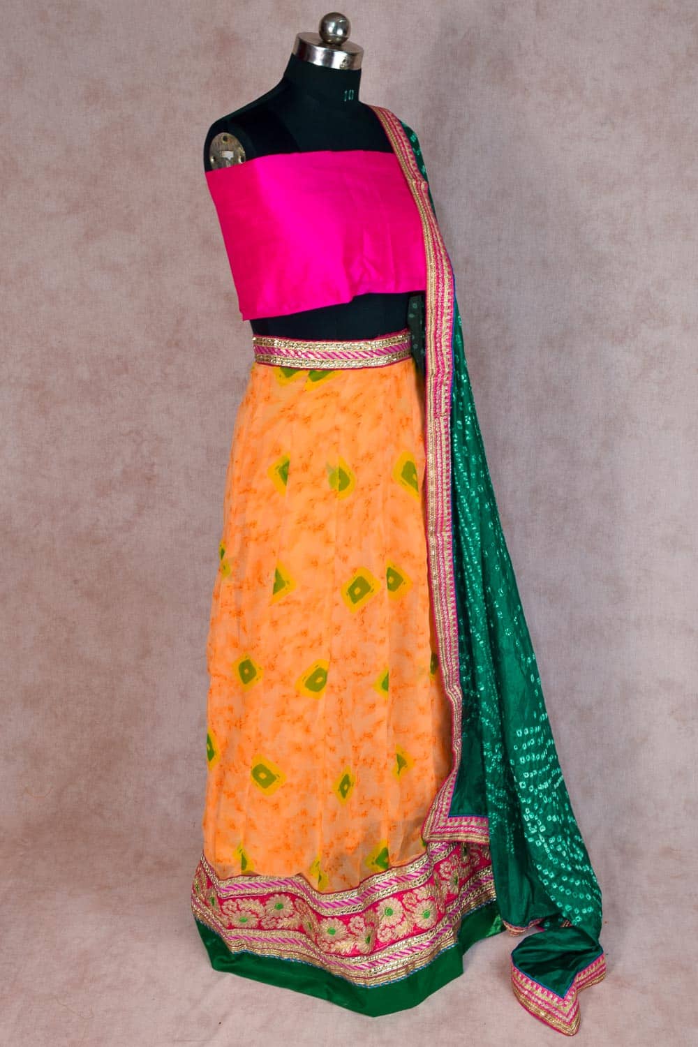 Orange Georgette Shibori Lehenga with Gota Work - KANHASAREE