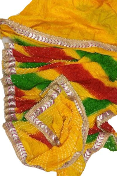 Yellow red green Art Silk Bandhani Saree with Gota Work Border - KANHASAREE